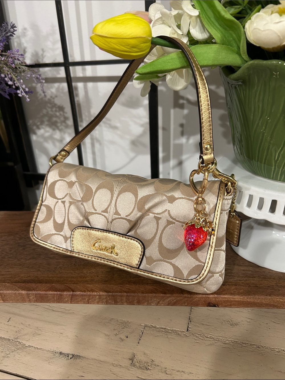 Coach Gold Signature Jacquard Shoulder Bag with Red Charm